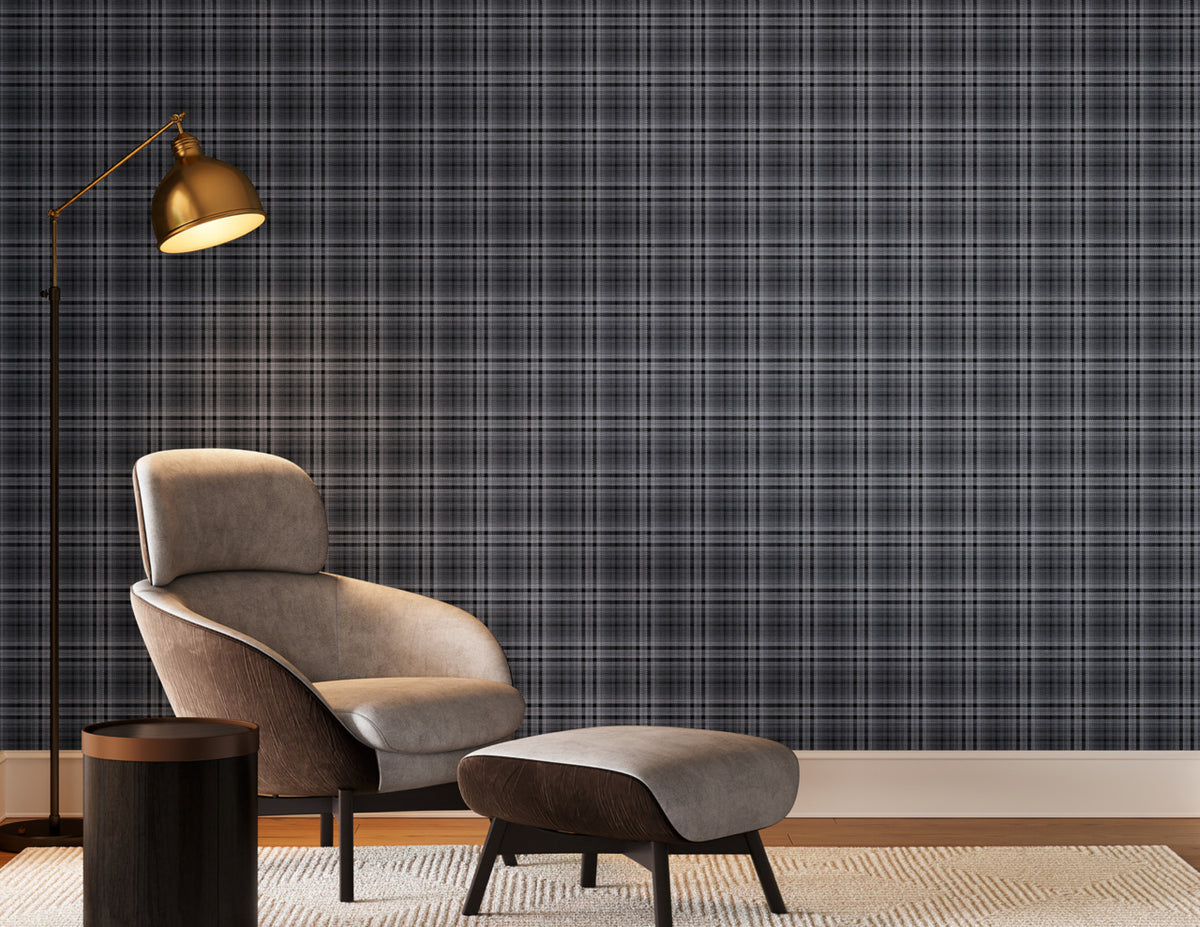 Caldwell Plaid Charcoal Cross on Manila Hemp - Phillip Jeffries 43208 - Phillip Jeffries Wallpaper Wallpaper