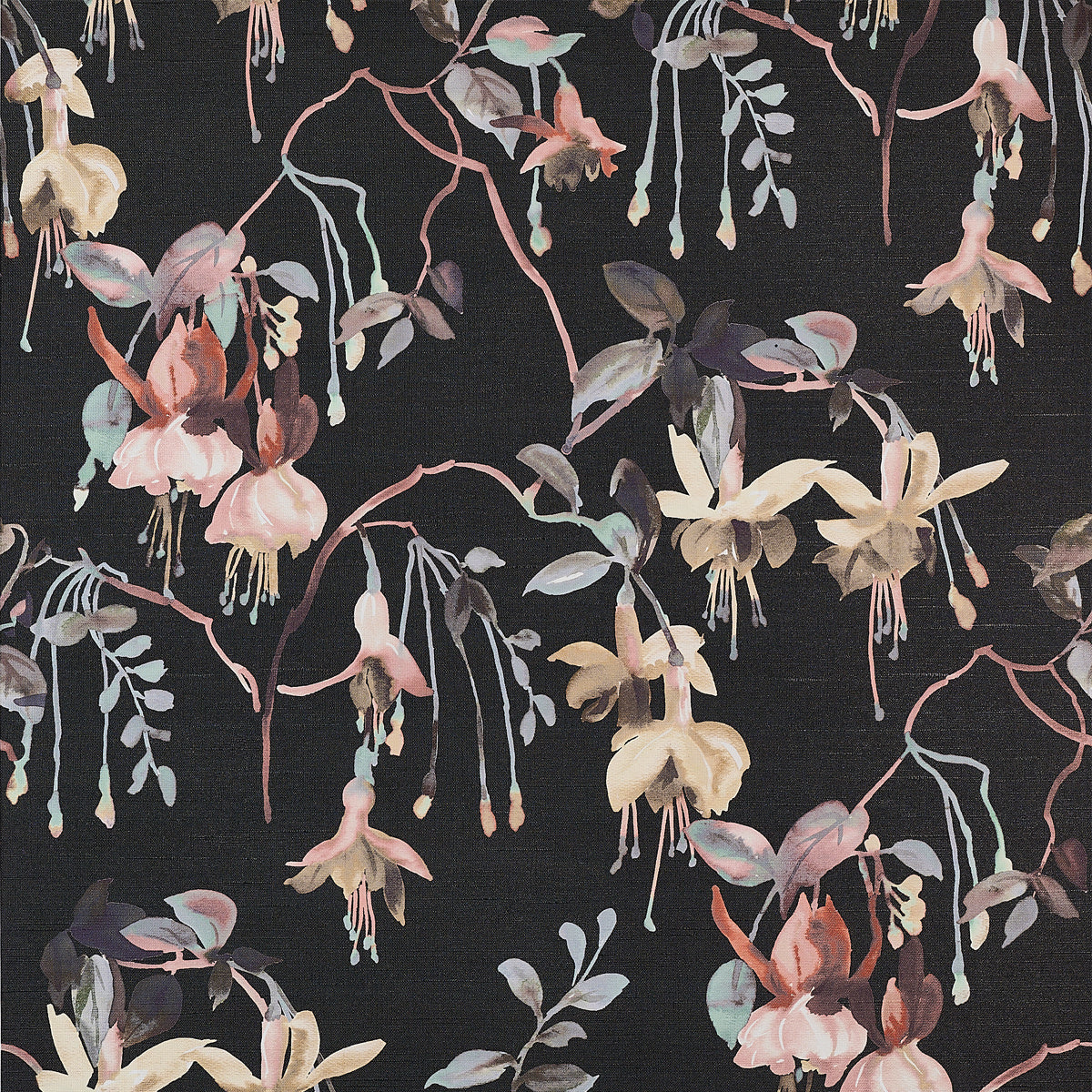 BLUSHING-BLOOMS-BLACK-BOUQUET-ON-VINYL-CANVAS-PHILLIP-JEFFRIES-9832 - Phillip Jeffries Wallpaper Wallcovering