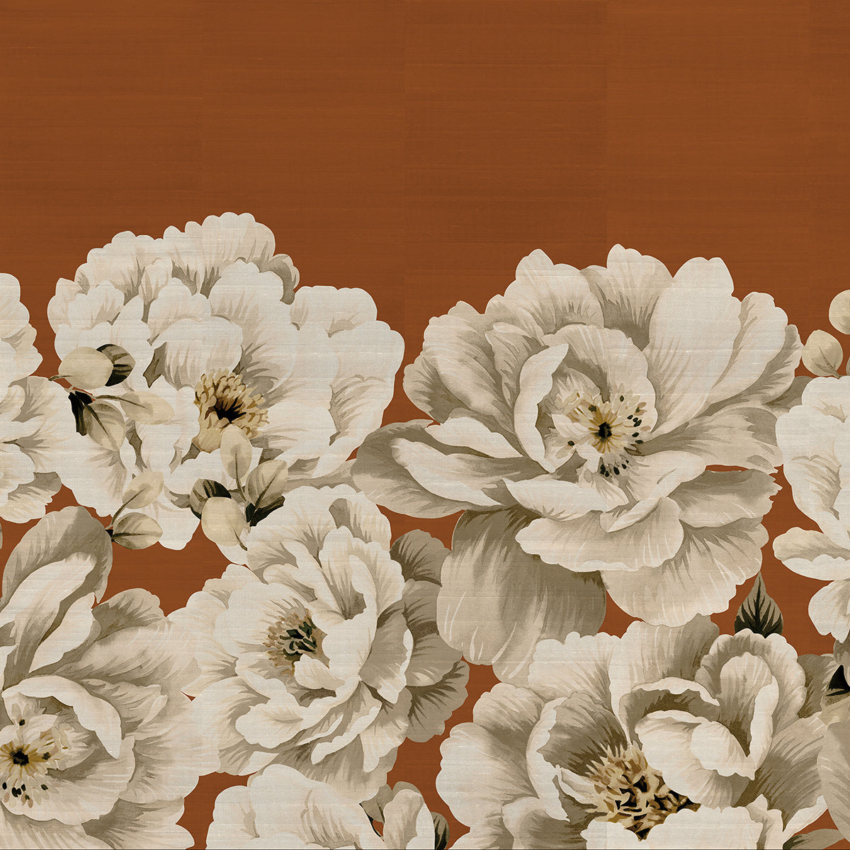 PERFECT-PEONIES-RUST-ON-STAR-DUST-SILK-PHILLIP-JEFFRIES-10172 - Phillip Jeffries Wallpaper Wallcovering