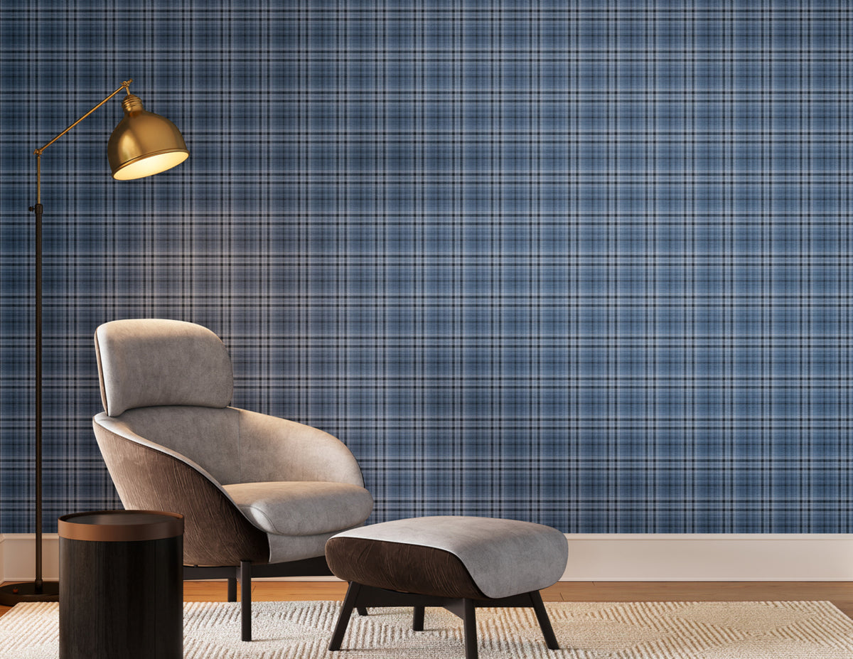 Caldwell Plaid Midnight Fog on Canvas Linen - Phillip Jeffries 43207 - Phillip Jeffries Wallpaper Wallpaper