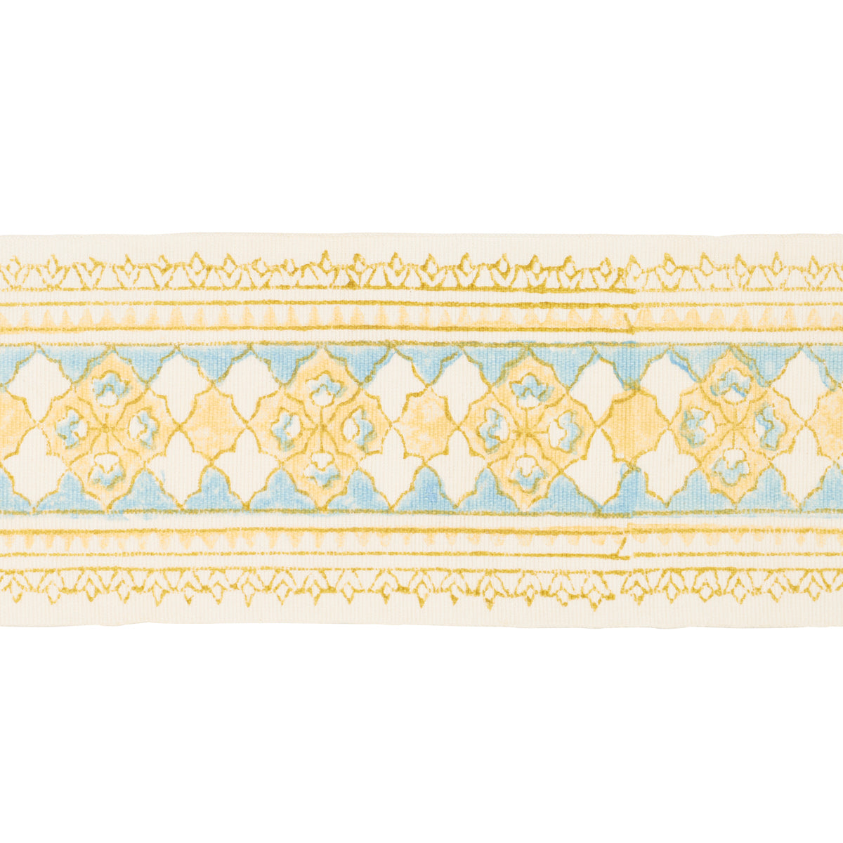 AMIRA-HAND-BLOCK-PRINTED-TAPE-YELLOW-AQUA-SCHUMACHER-181370 - Schumacher Trim