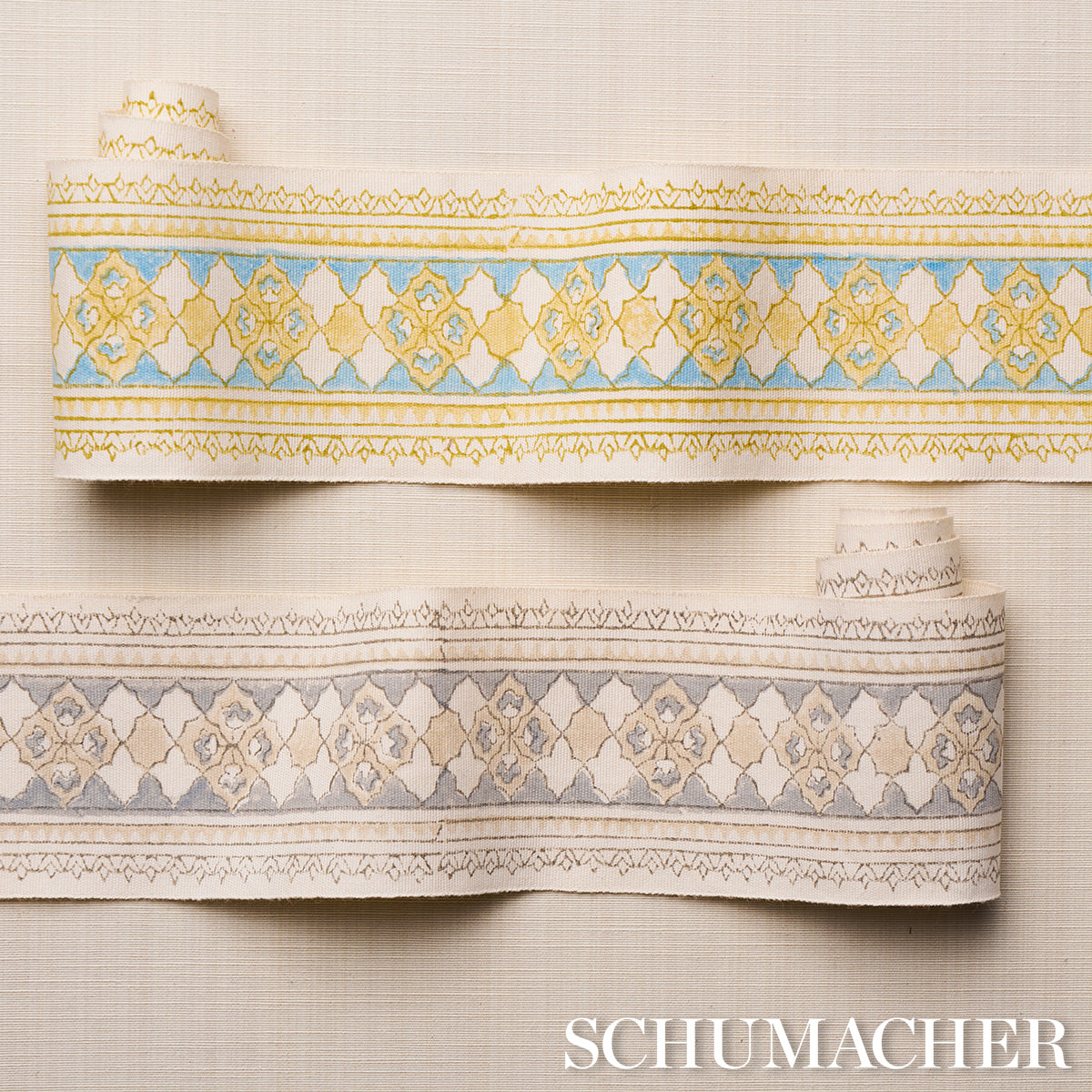 AMIRA-HAND-BLOCK-PRINTED-TAPE-SAND-GREY-SCHUMACHER-181371 - Schumacher Trim
