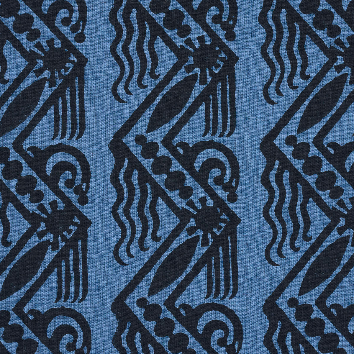 Venetian Zig Zag Block Print - Black On Blue - Schumacher 181561 Fabric - Schumacher Fabric
