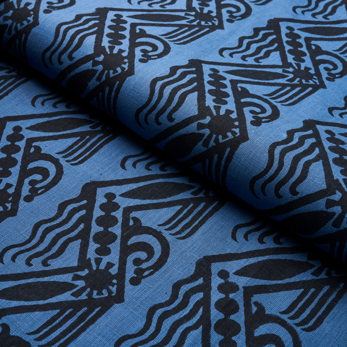 VENETIAN-ZIG-ZAG-BLOCK-PRINT-BLACK-ON-BLUE-SCHUMACHER-181561 - Schumacher Fabric