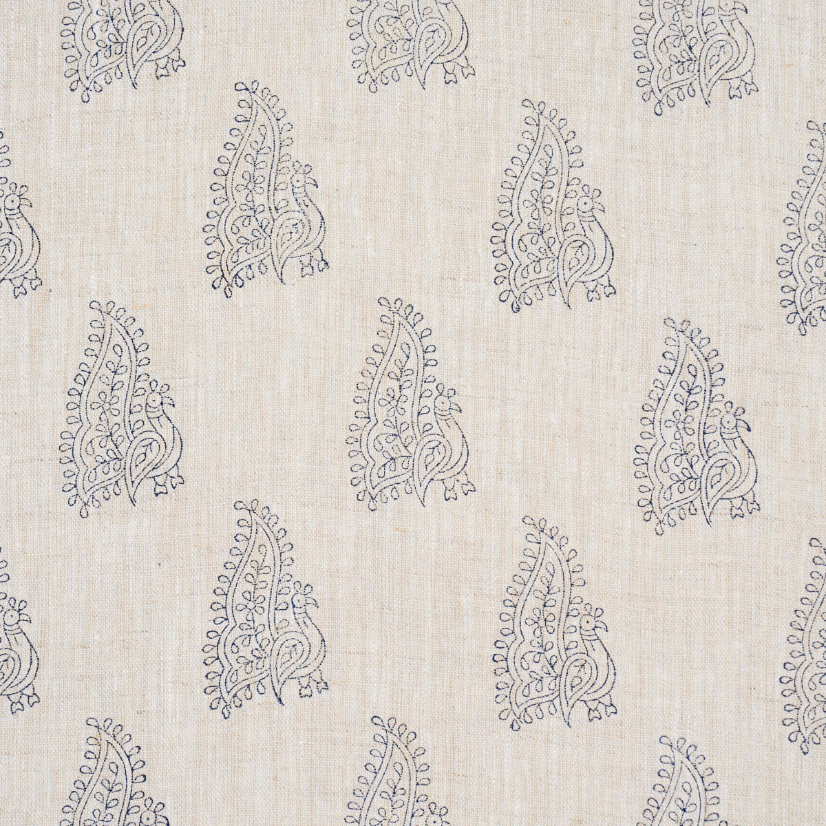Peacock Linen Hand Blocked Print - Navy & Flax - Schumacher 181830 Fabric - Schumacher Fabric
