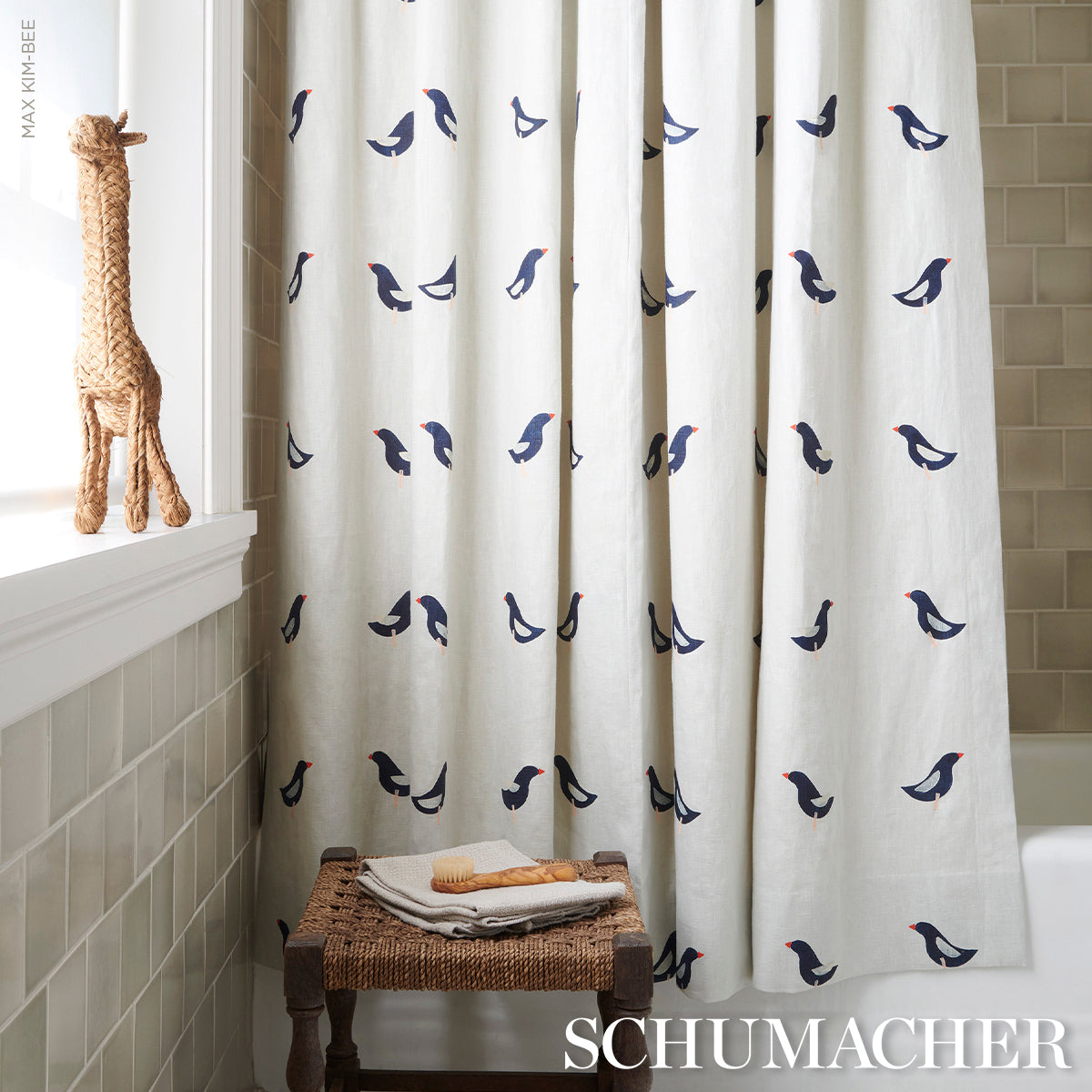 BIRDS-HAND-BLOCK-PRINT-BLACK-ON-NATURAL-SCHUMACHER-182380 - Schumacher Fabric