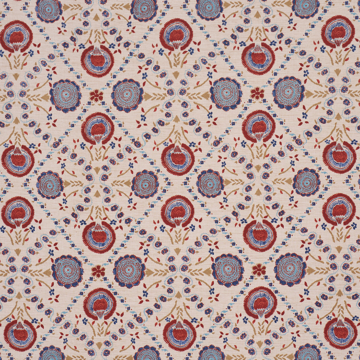 Athena Hand-Screen Print - Red & Blue - Schumacher 183050 Fabric - Schumacher Fabric