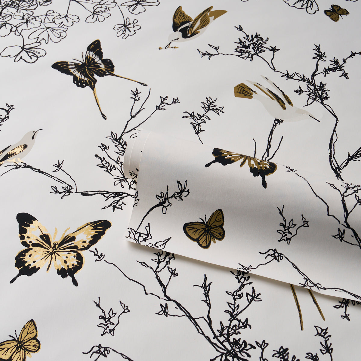 BIRDS-BUTTERFLIES-BLACK-GOLD-SCHUMACHER-2704424 - Schumacher Wallpaper