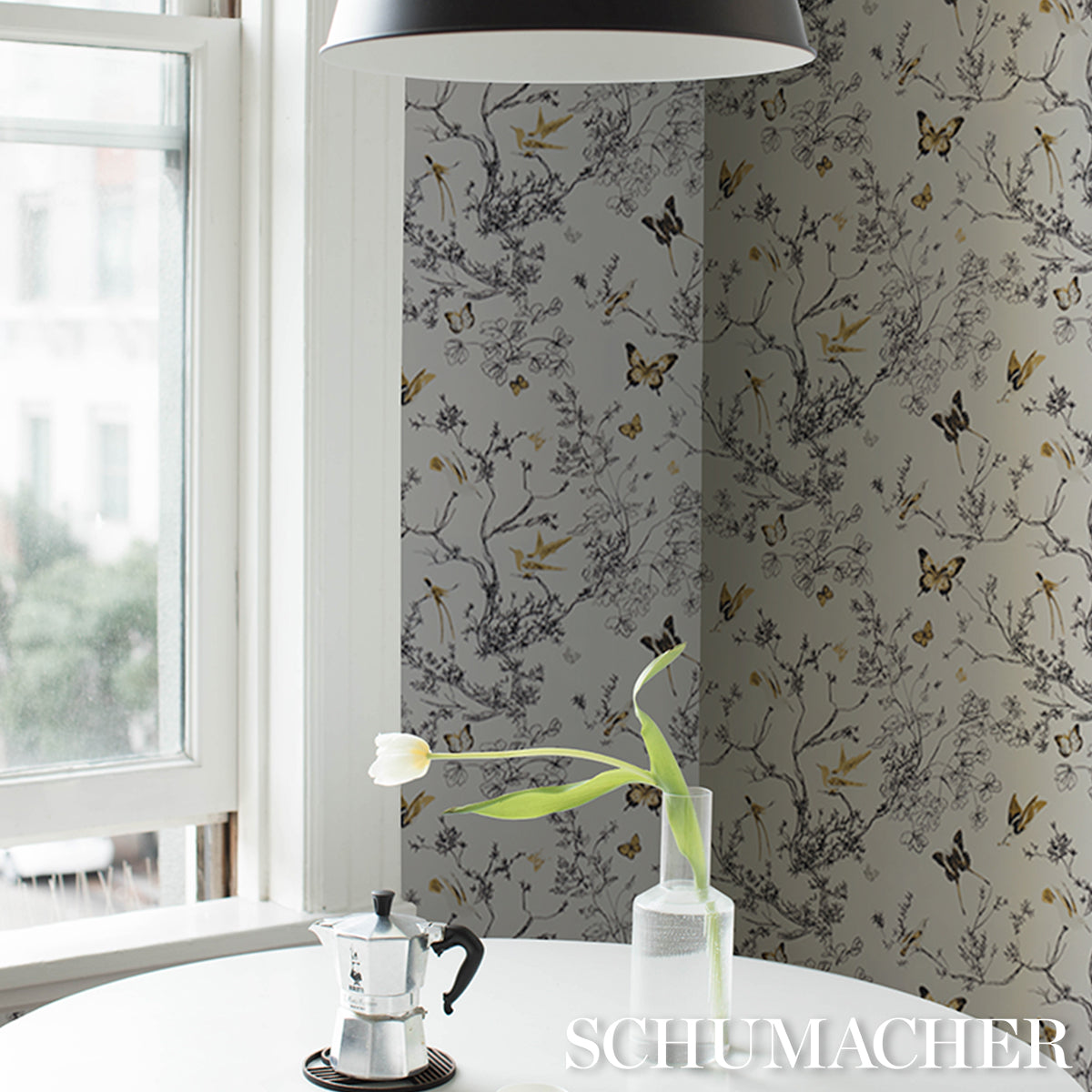 BIRDS-BUTTERFLIES-BLACK-GOLD-SCHUMACHER-2704424 - Schumacher Wallpaper