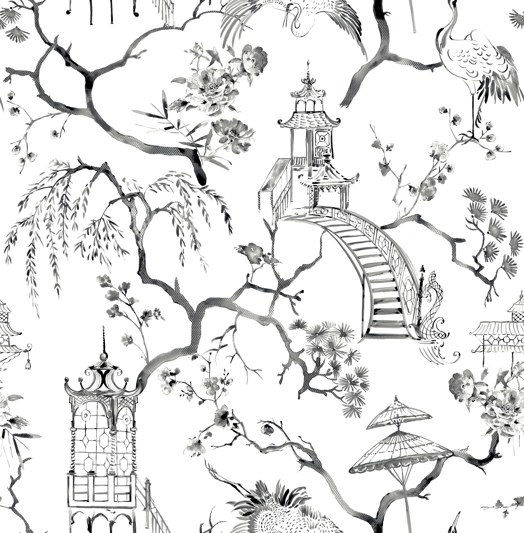 Serena Blue Chinoiserie Wallpaper - Charcoal - York Wallcoverings - 4120-26809