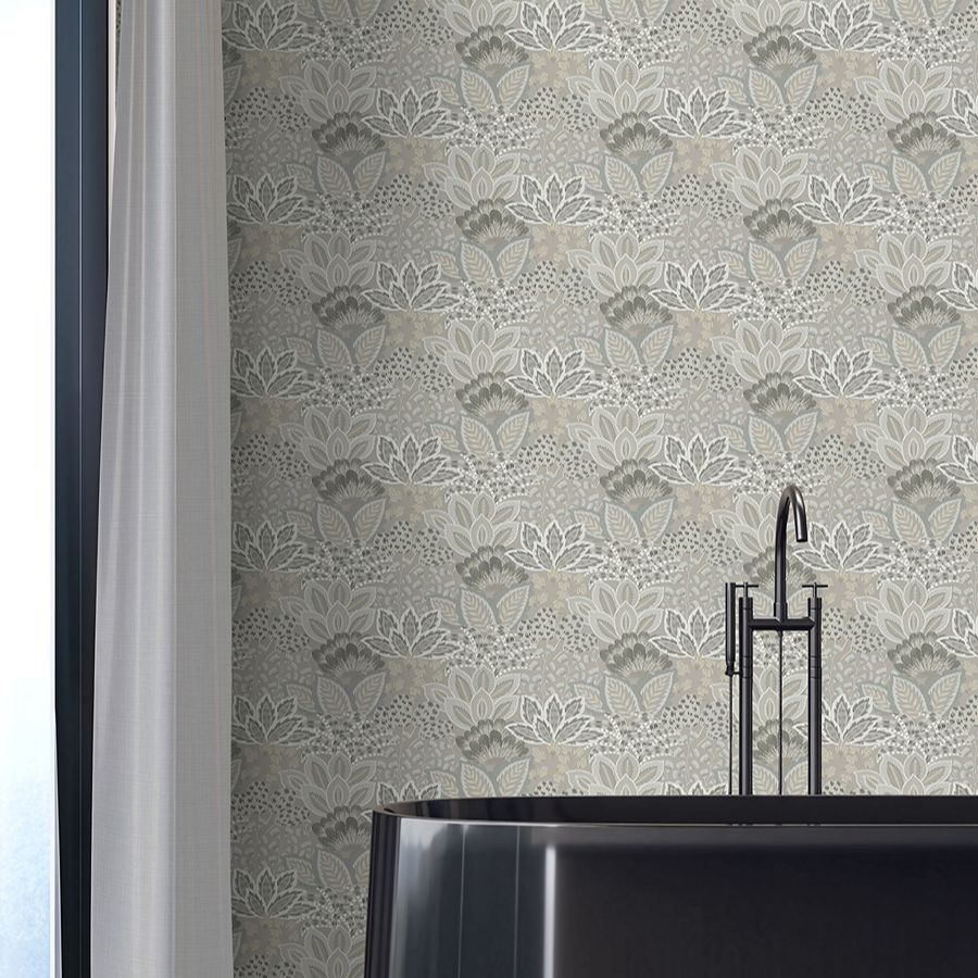 Catherine Taupe Botanical Wallpaper - room view - York Wallcoverings 4228-84113 - York Wallcoverings Wallpaper