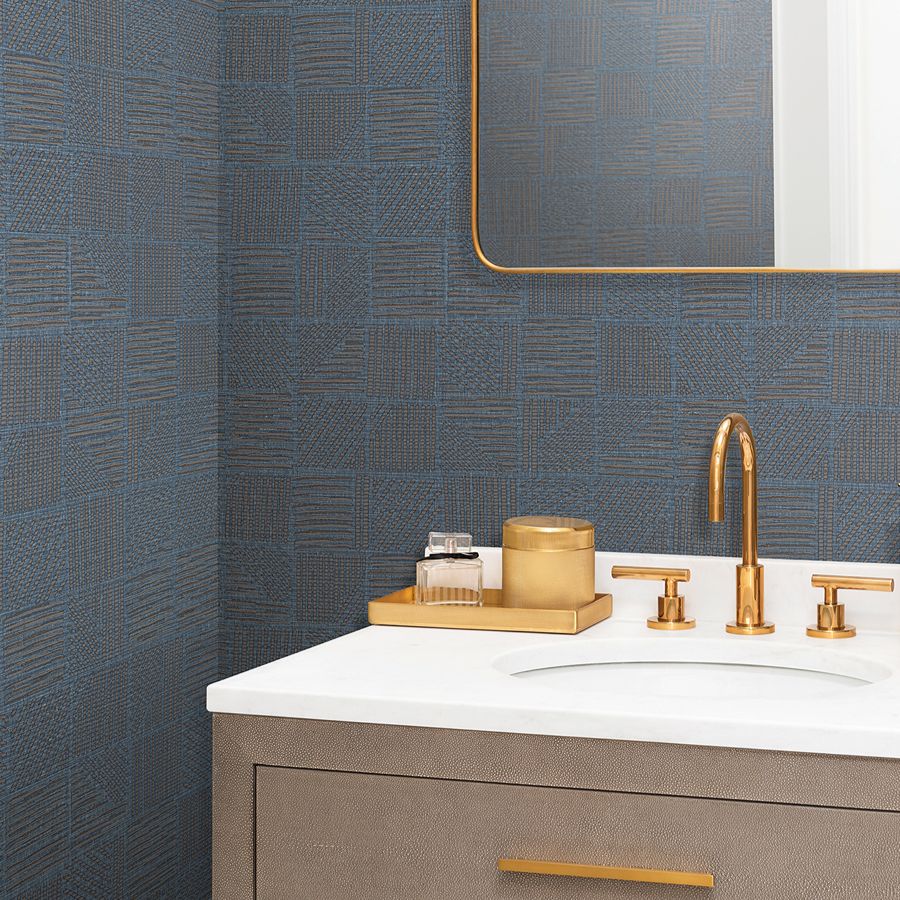 Chiseled Patchwork Sapphire Faux Fabric Wallpaper - room view - York Wallcoverings 4228-84161 - York Wallcoverings Wallpaper