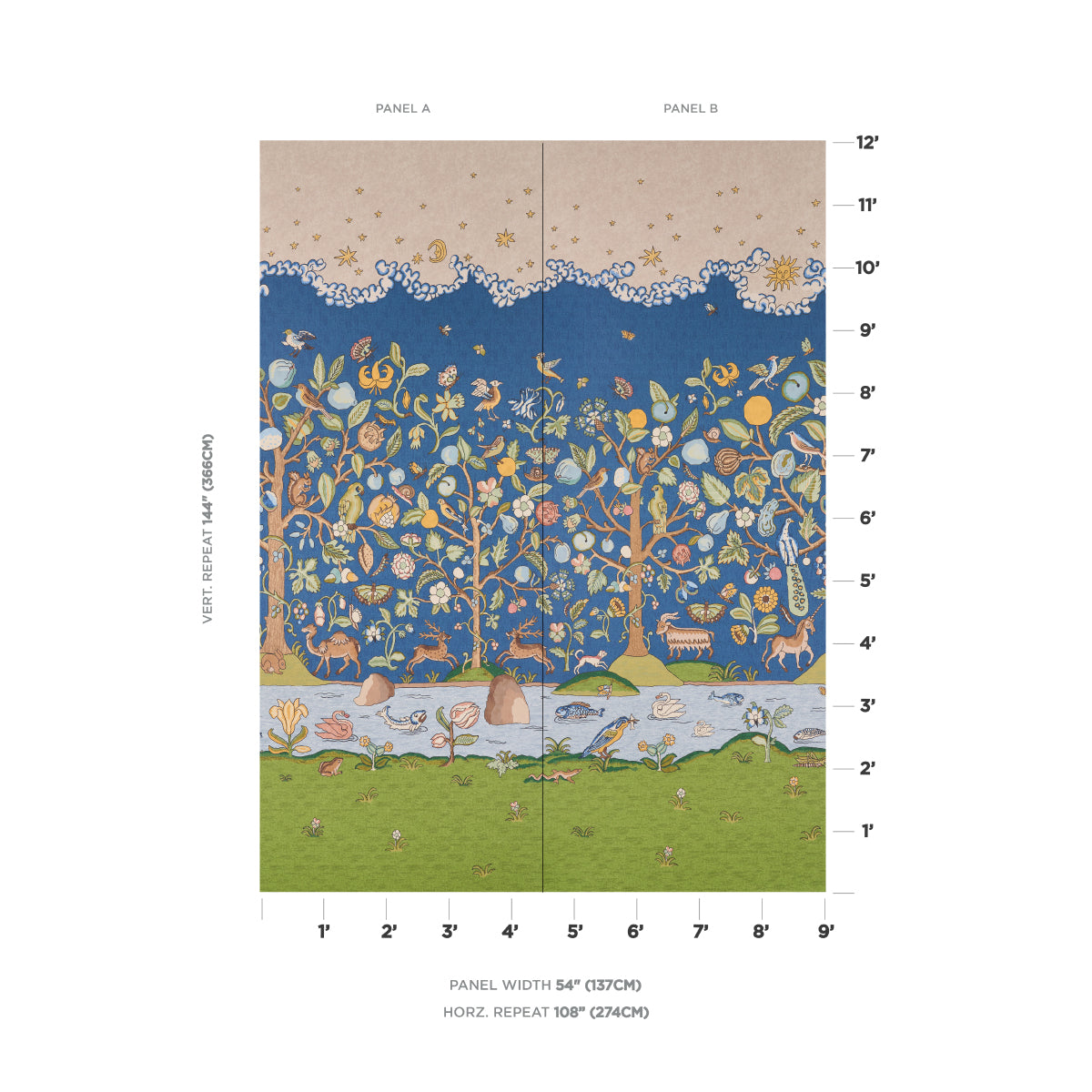 Chaucer's Forest Panel Set Slate wallpaper by Schumacher, 5013292 — view 2 - Schumacher Wallpaper
