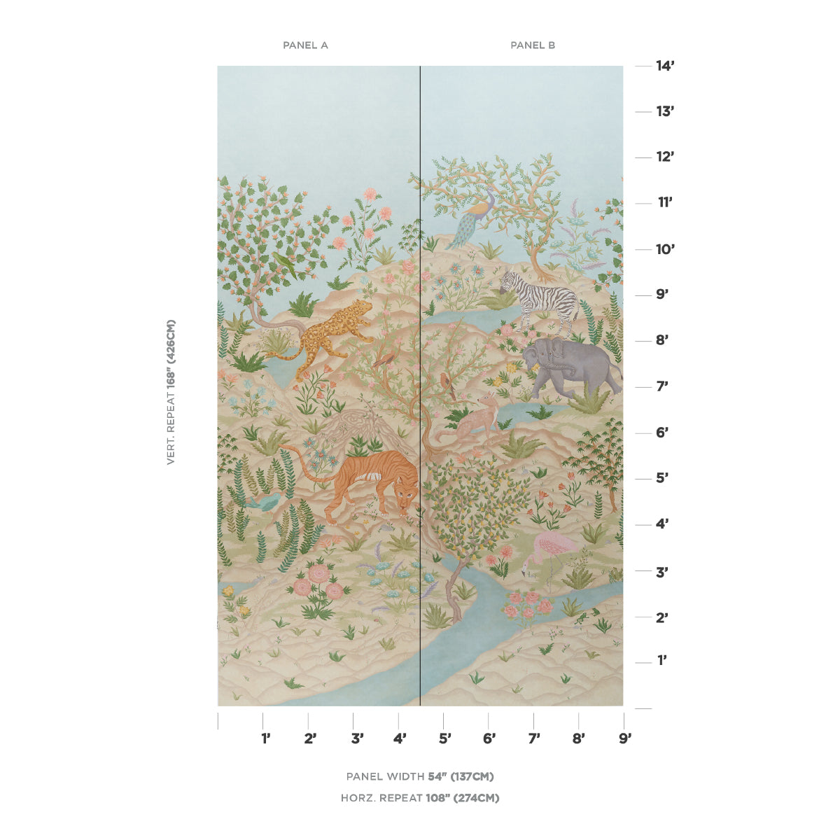 Finches Jungle Panel Set Parchment wallpaper by Schumacher, 5013310 — view 2 - Schumacher Wallpaper