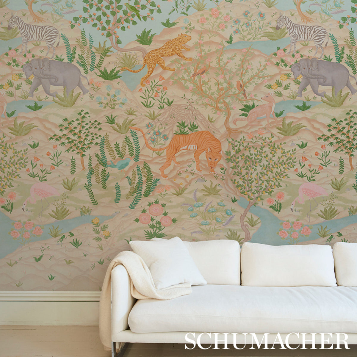 Finches Jungle Panel Set Parchment wallpaper by Schumacher, 5013310 — view 6 - Schumacher Wallpaper