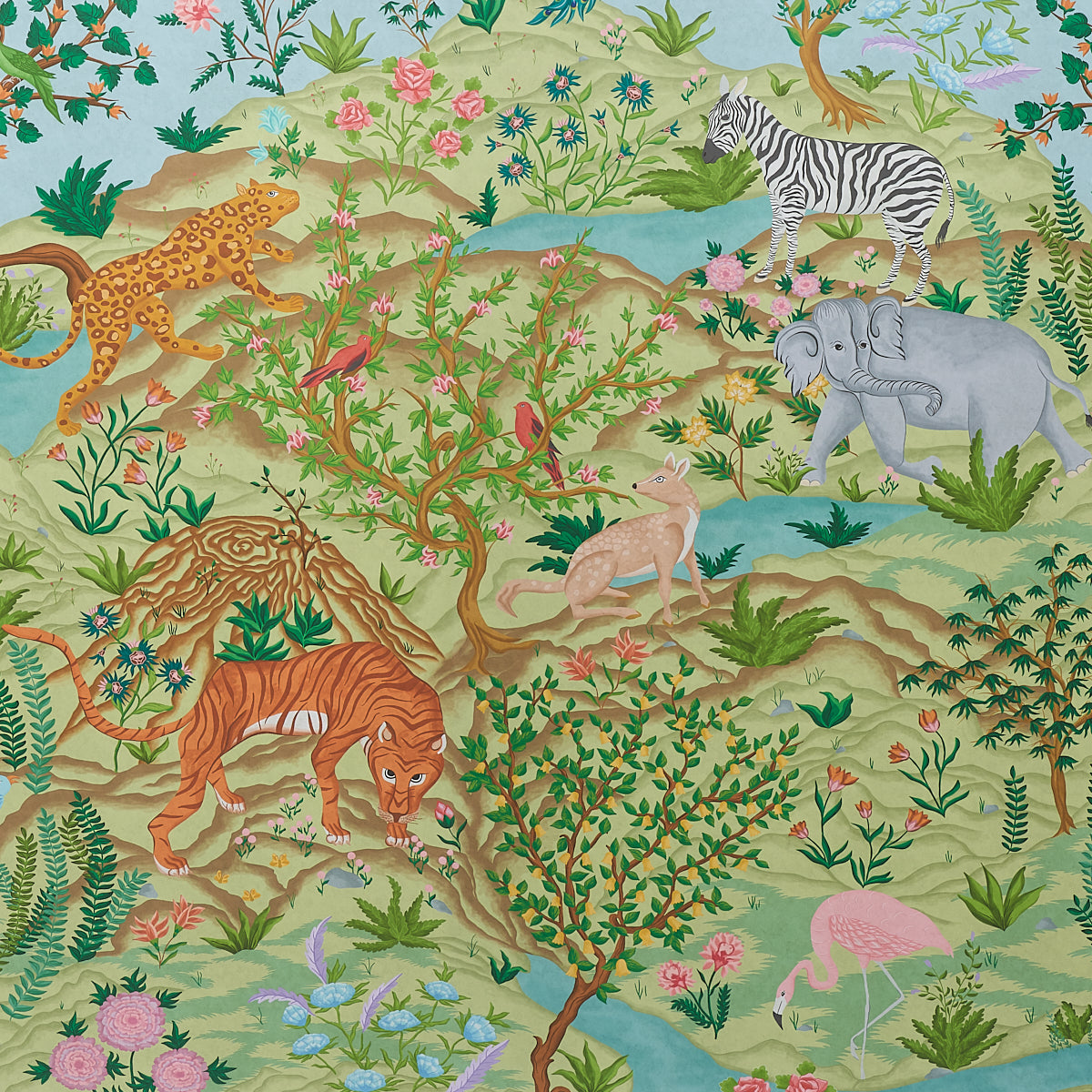 Finches Jungle Panel Set Verdant wallpaper by Schumacher, 5013311 — view 3 - Schumacher Wallpaper