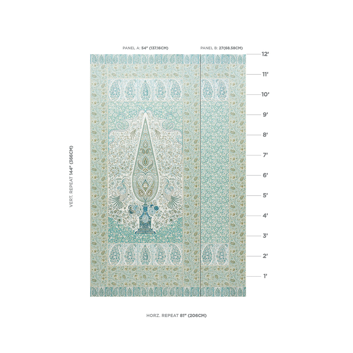 Colmery Paisley Panel Set Peacock wallpaper by Schumacher, 5015510 — view 2 - Schumacher Wallpaper