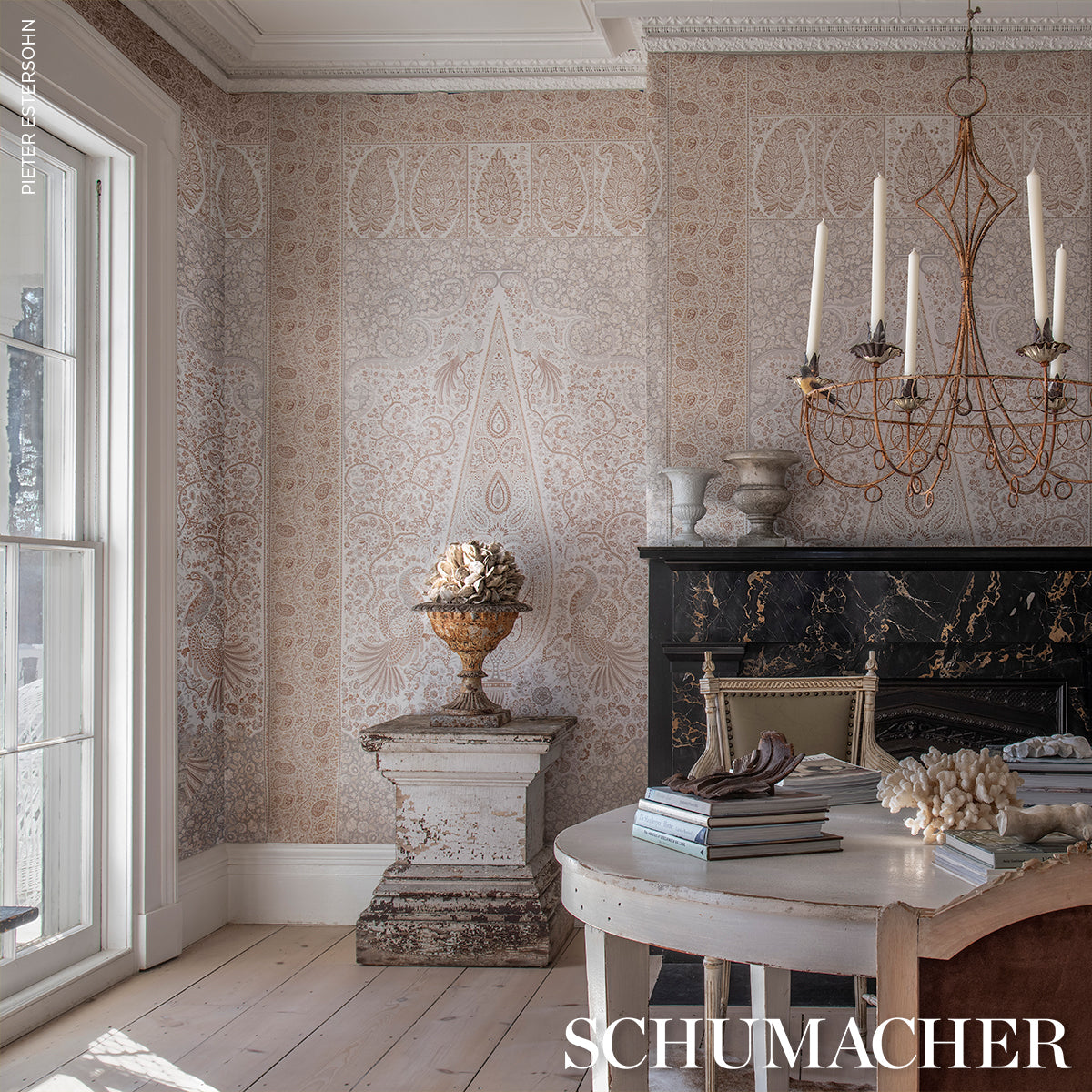 Colmery Paisley Panel Set Parchment wallpaper by Schumacher, 5015511 — view 9 - Schumacher Wallpaper