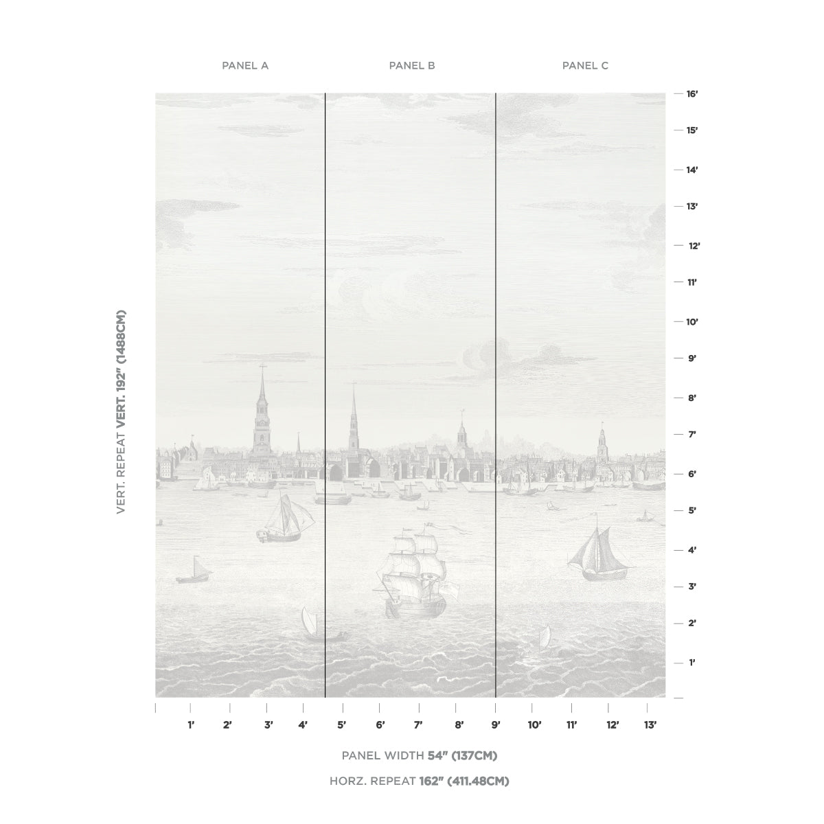 Philadelphia Harbor 3 Panel Set - Grey - Schumacher 5018392 Wallpaper - Schumacher Wallpaper