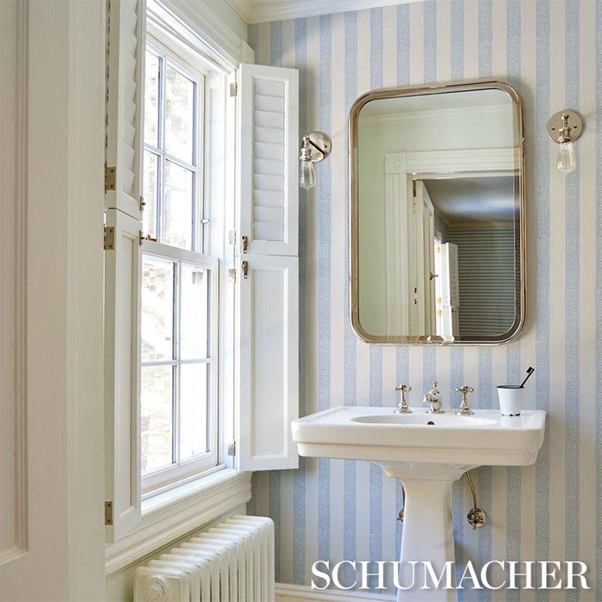 Schumacher Mahdavi Stripe wallpaper in Sky, 5018450 — view 5 - Schumacher Wallpaper