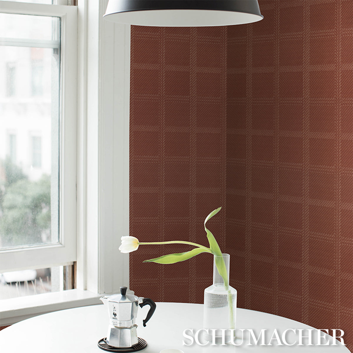 Schumacher Vibrato Plaid wallpaper in Terracotta, 5018612 — view 5 - Schumacher Wallpaper