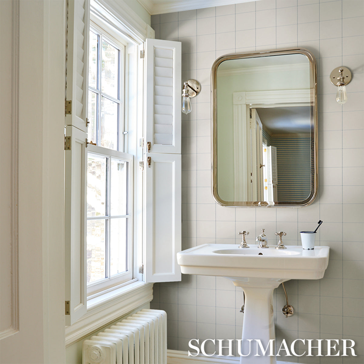 Schumacher Woodman Check wallpaper in Sky, 5018701 — view 5 - Schumacher Wallpaper
