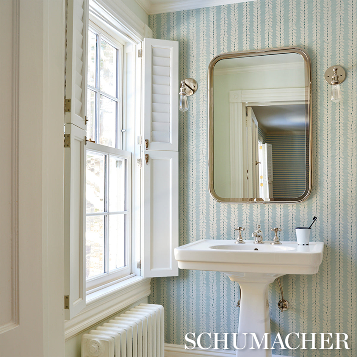 Schumacher Woodperry Hand Printed Sisal wallpaper in Water Blue, 5018710 — view 5 - Schumacher Wallpaper