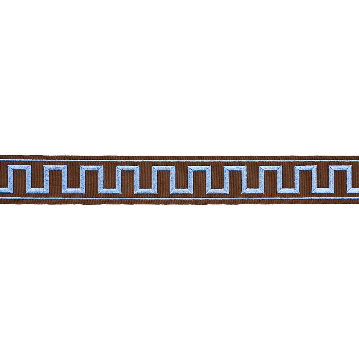 GREEK-KEY-EMBROIDERED-TAPE-BLUE-ON-BROWN-SCHUMACHER-70807 - Schumacher Trim