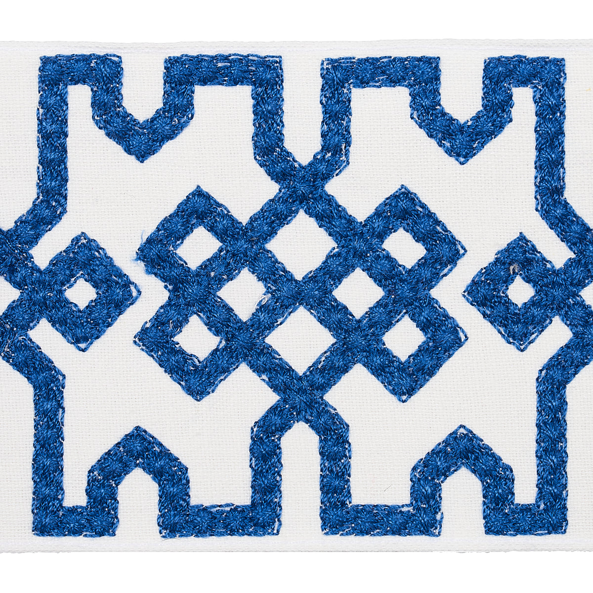 KNOTTED-TRELLIS-TAPE-BLUE-ON-WHITE-SCHUMACHER-80883 - Schumacher Trim
