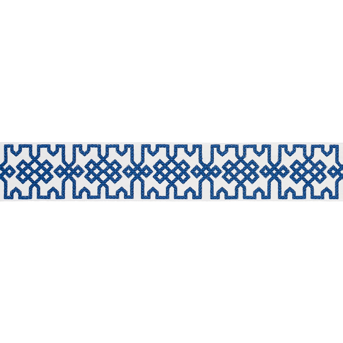 KNOTTED-TRELLIS-TAPE-BLUE-ON-WHITE-SCHUMACHER-80883 - Schumacher Trim