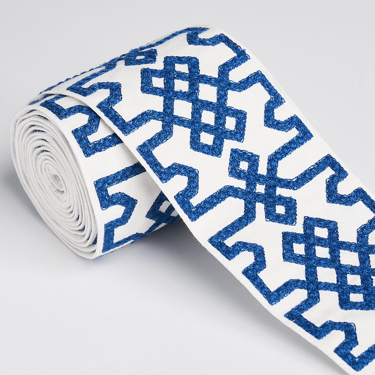 KNOTTED-TRELLIS-TAPE-BLUE-ON-WHITE-SCHUMACHER-80883 - Schumacher Trim