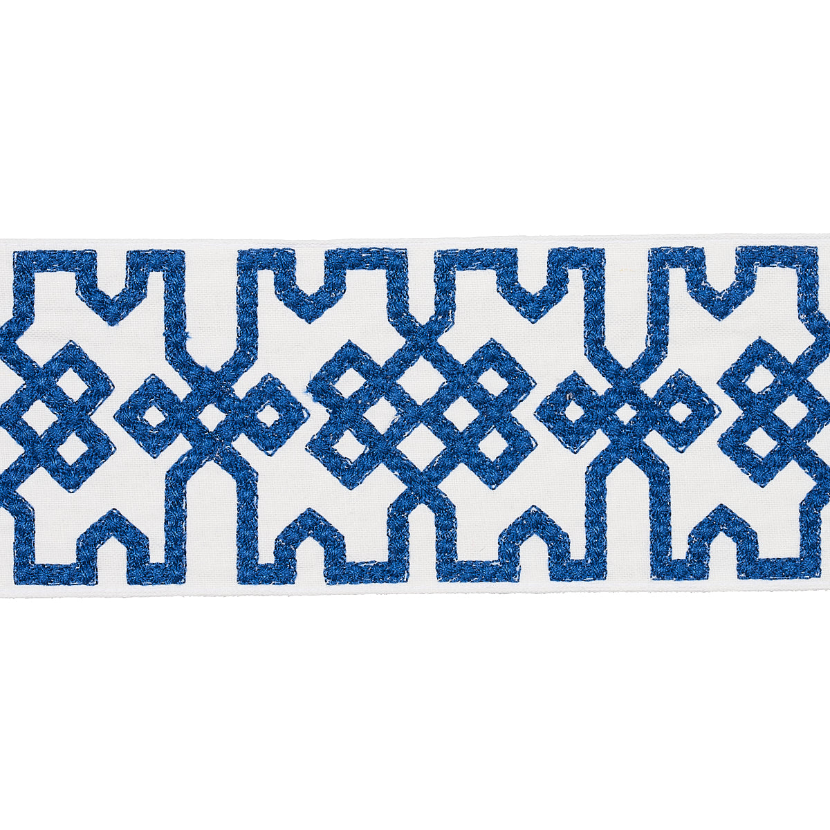 KNOTTED-TRELLIS-TAPE-BLUE-ON-WHITE-SCHUMACHER-80883 - Schumacher Trim