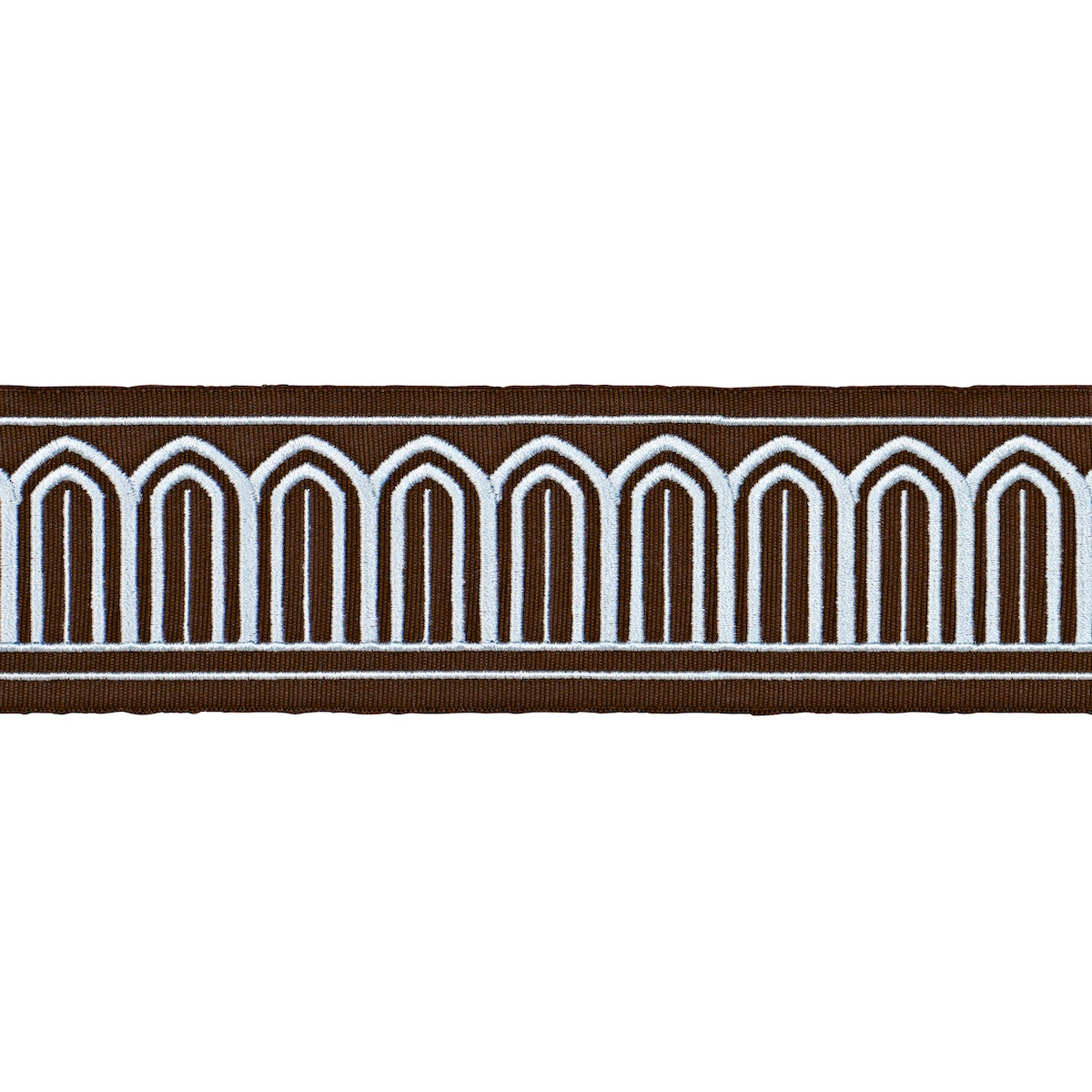 ARCHES-EMBROIDERED-TAPE-MEDIUM-SKY-ON-BROWN-SCHUMACHER-81153 - Schumacher Trim