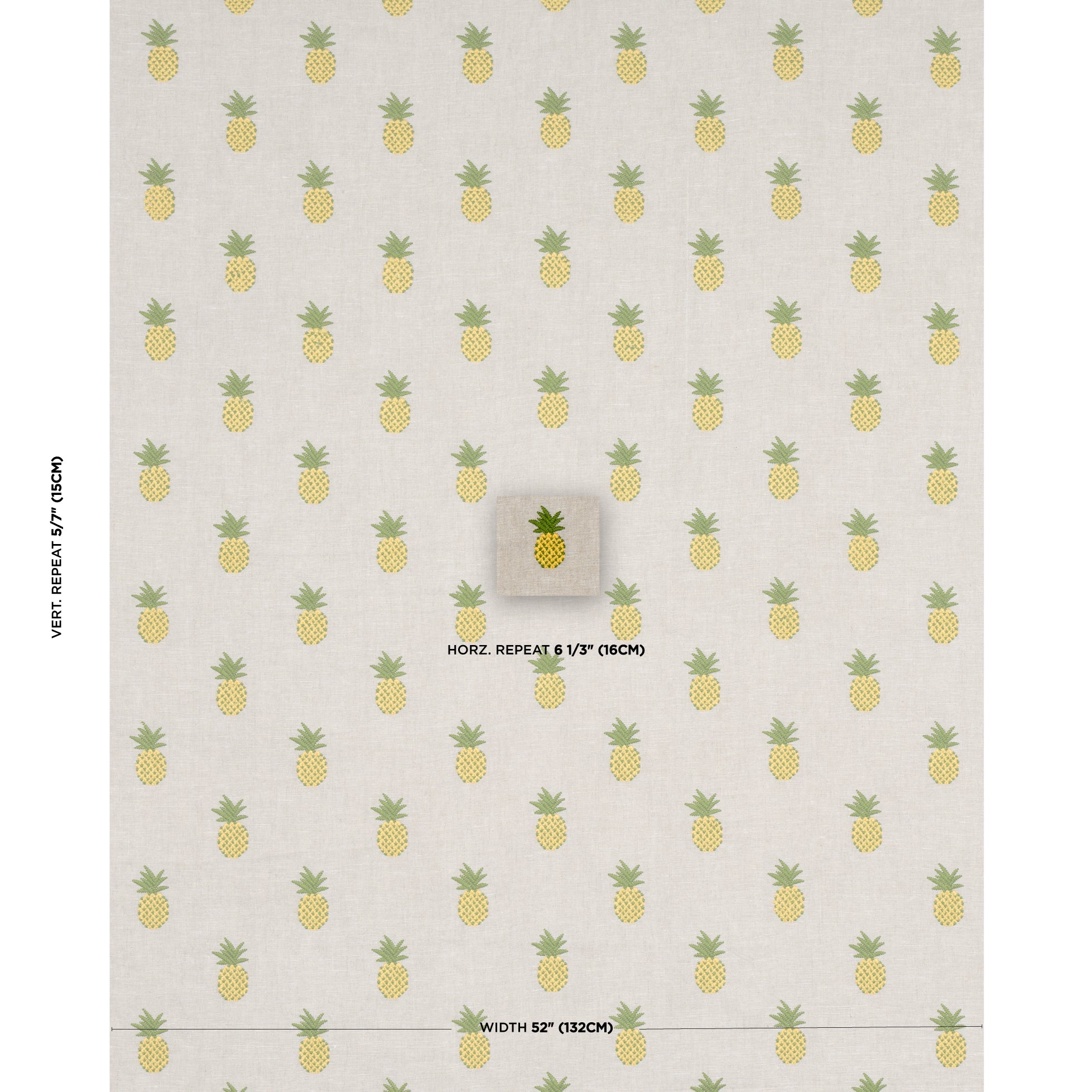 PINEAPPLE-EMBROIDERY-GREEN-ON-NATURAL-SCHUMACHER-81531 - Schumacher Fabric