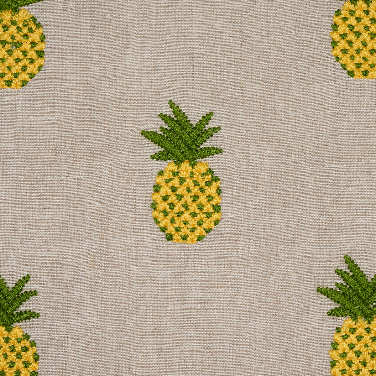 PINEAPPLE-EMBROIDERY-GREEN-ON-NATURAL-SCHUMACHER-81531 - Schumacher Fabric