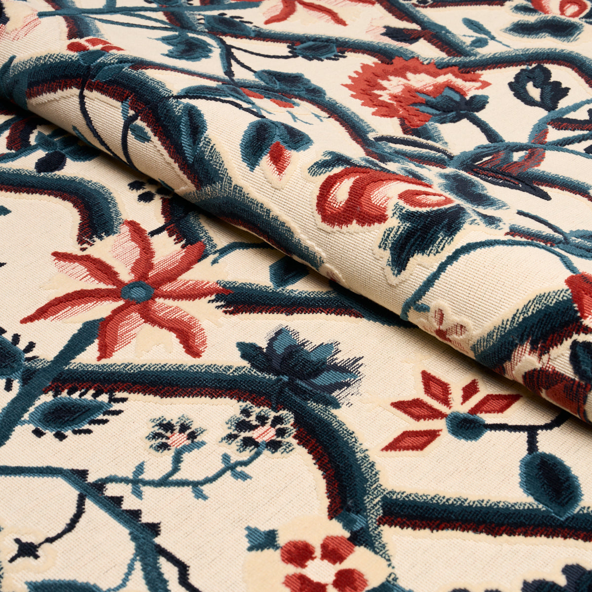 Jacobean Garden Velvet - Cinnabar & Peacock - Schumacher 84821 Fabric - Schumacher Fabric