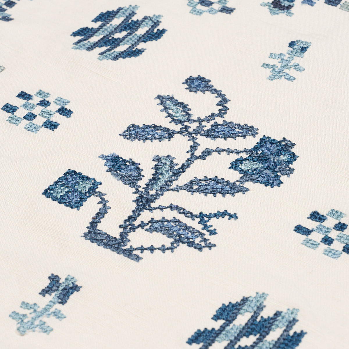 Fairview Cross Stitch Embroidery - Indigo - Schumacher 85981 Fabric - Schumacher Fabric