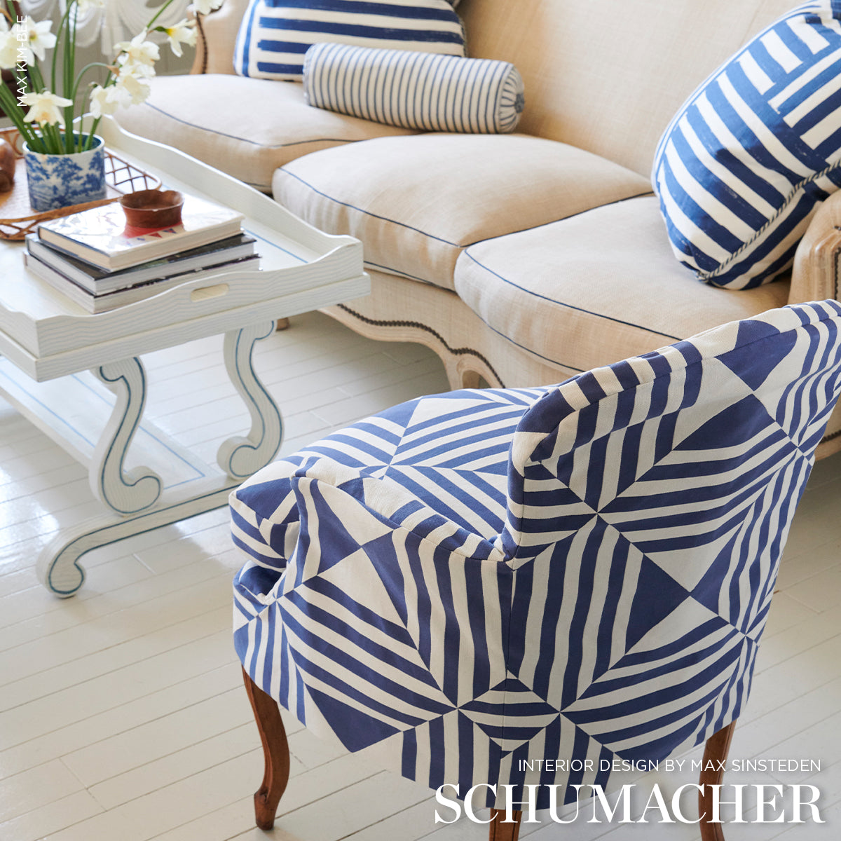 Square In A Square - Navy - Schumacher 87590 Fabric - Schumacher Fabric