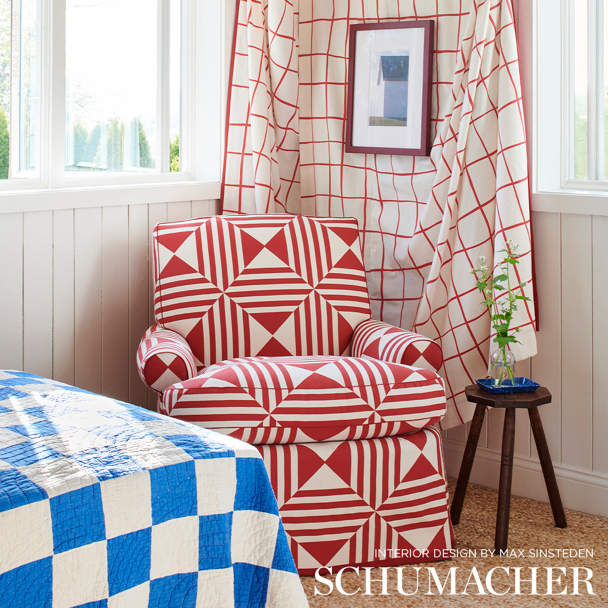 Square In A Square - Red - Schumacher 87591 Fabric - Schumacher Fabric