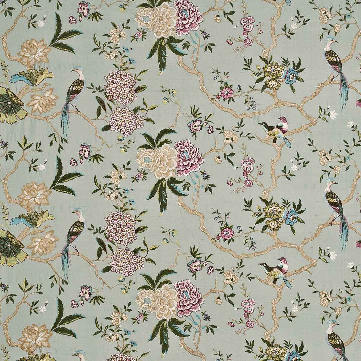 Bf1041820 Oriental Bird Embroidery Silk Aqua Multi G P J Baker Fabric