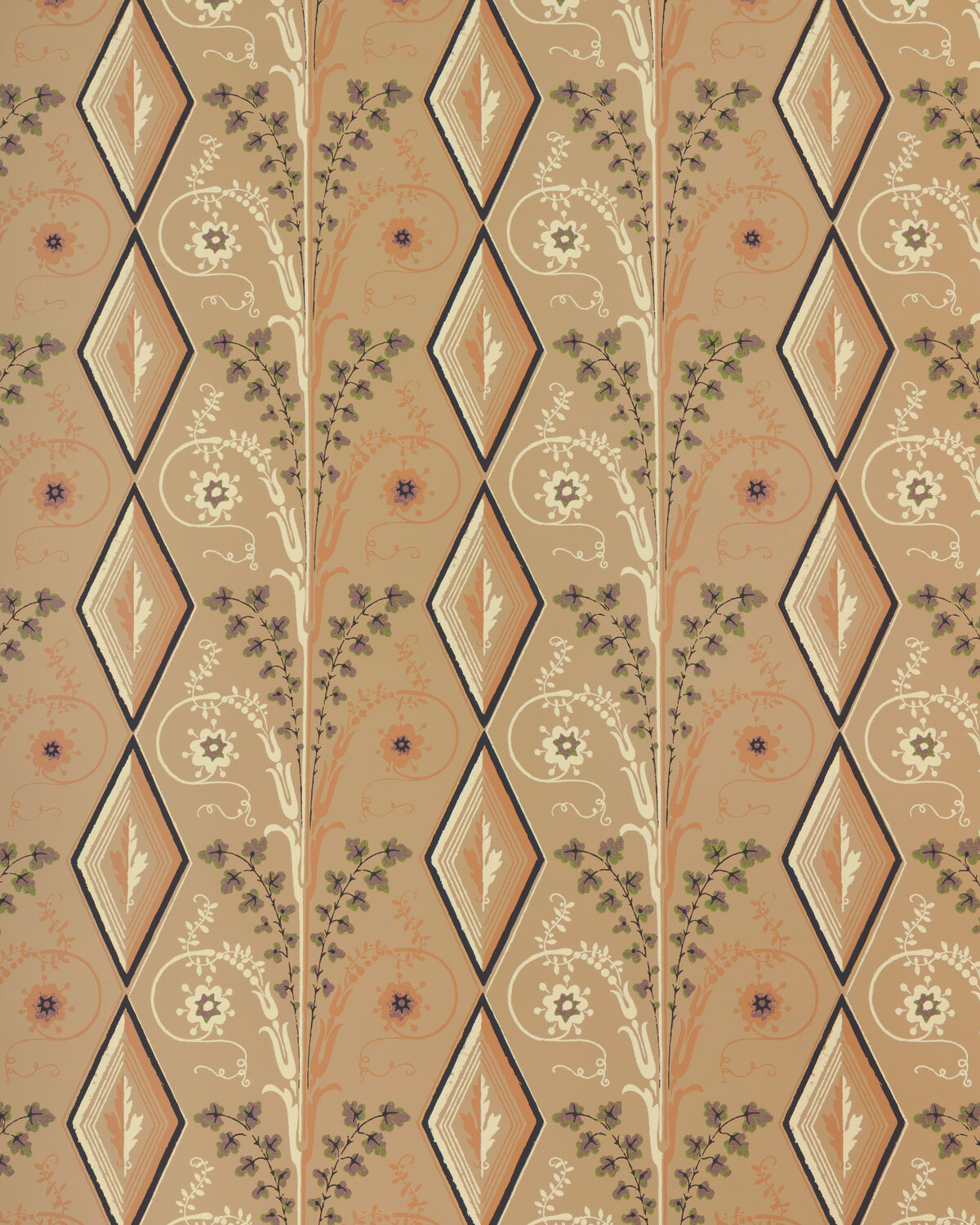 Gallier Diamond - Brown And Green On Beige - Brunschwig & Fils Wallpaper
