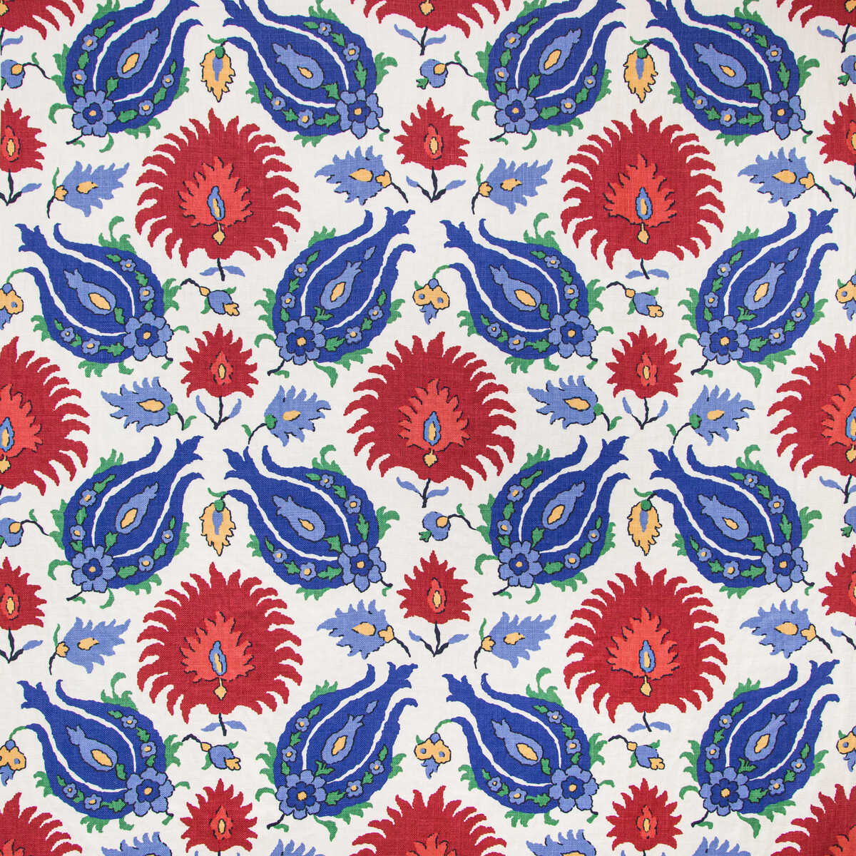 Kashmiri Linen Print - Blue/Red - BRUNSCHWIG & FILS Fabric