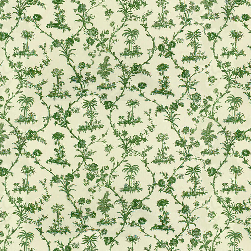 West Indies Toile Cotton Print - Green On White - BRUNSCHWIG & FILS Fabric