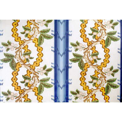 Josselin Cotton And Linen Print - Lagoon And Ochre - BRUNSCHWIG & FILS Fabric