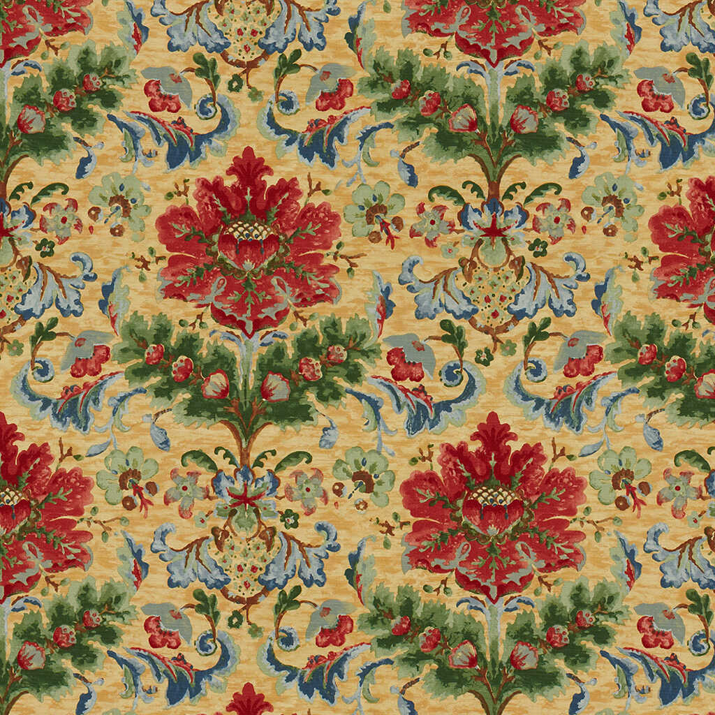 Windsor Damask Cotton & Linen Print - Red On Topaz - BRUNSCHWIG & FILS Fabric
