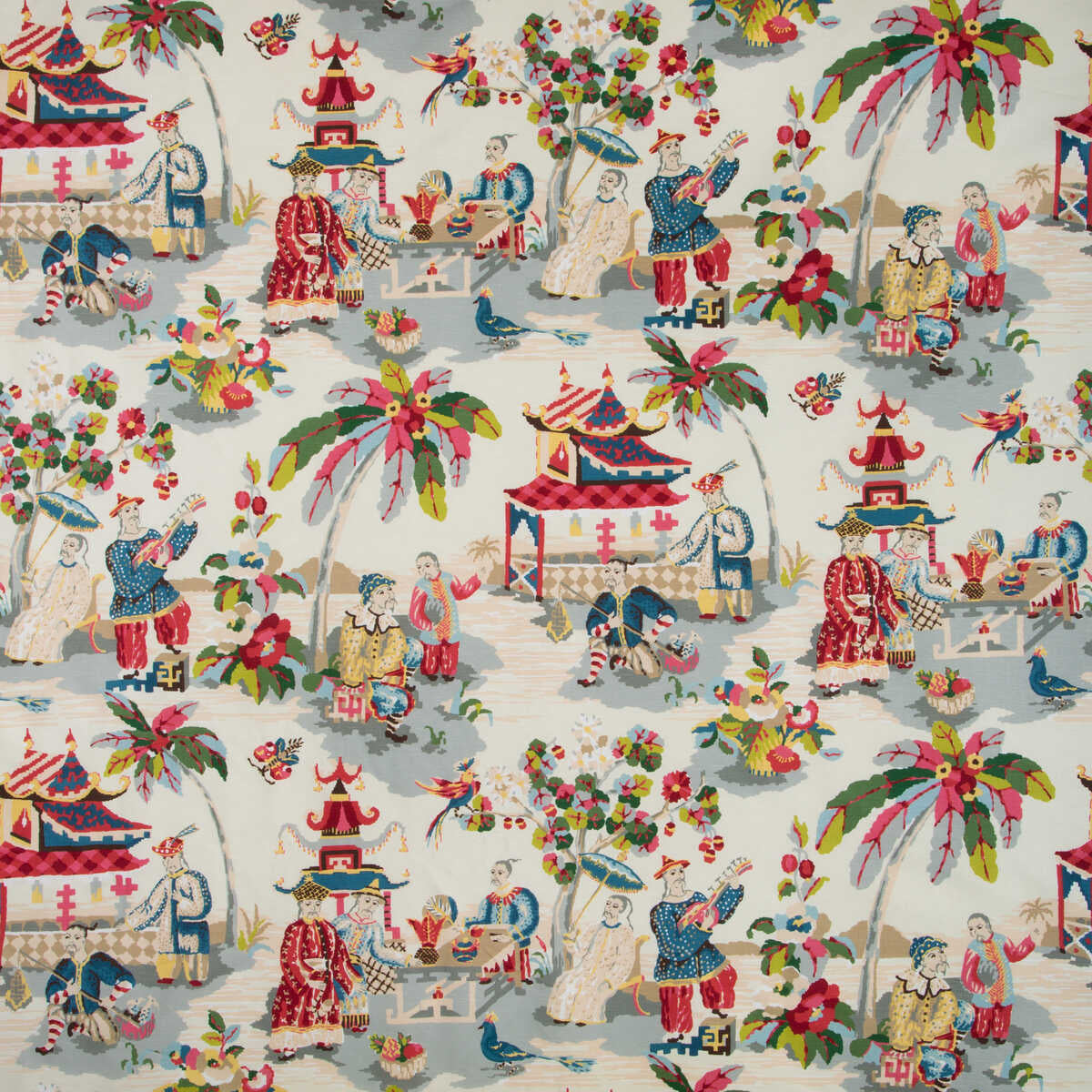Xian Linen & Cotton Print - Prussian/Red - BRUNSCHWIG & FILS Fabric