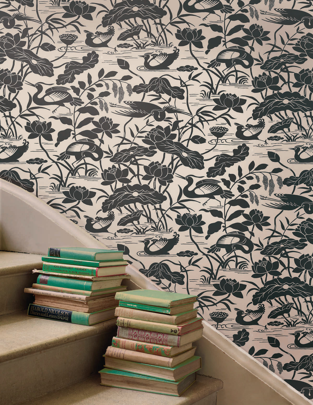 Heron & Lotus Flower - Black/White - G P & J BAKER Wallpaper