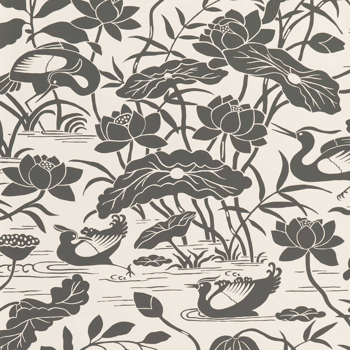 Heron & Lotus Flower - Black/White - G P & J BAKER Wallpaper
