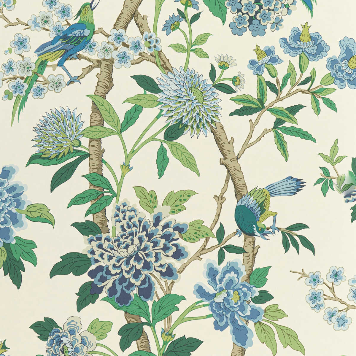Hydrangea Bird - Emerald/Blue - G P & J BAKER Wallpaper