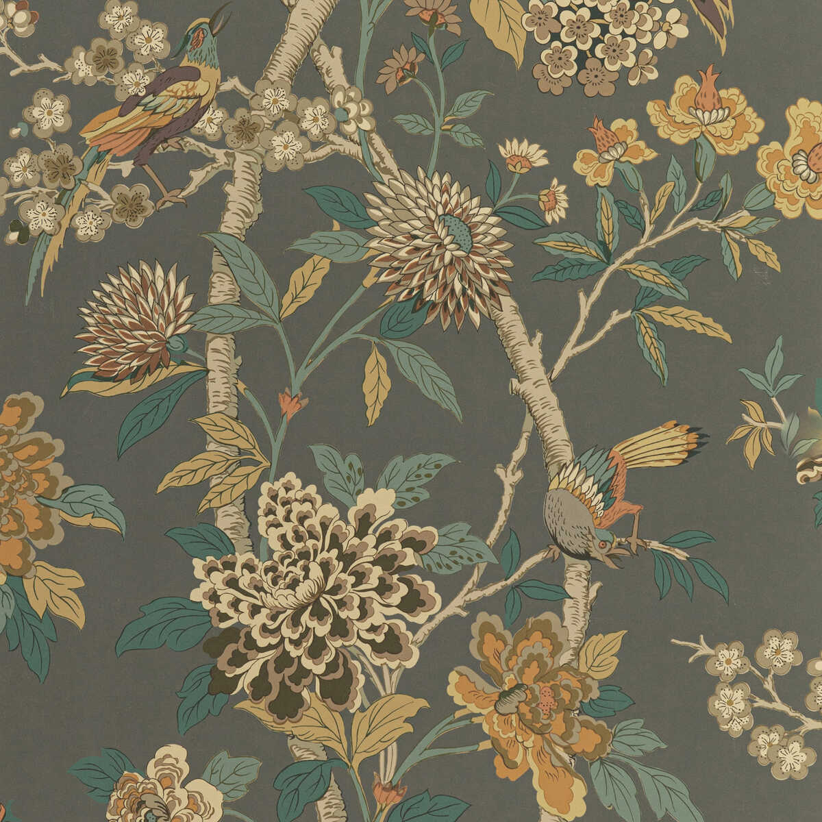 Hydrangea Bird - Charcoal/Sienna - G P & J BAKER Wallpaper